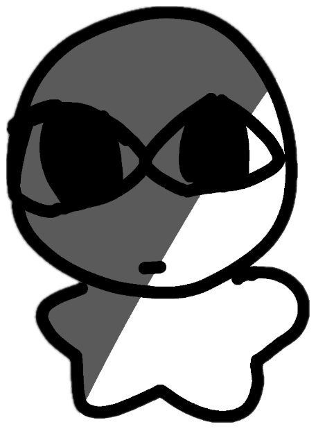 Crudely drawn character in sunglasses giving a smug, suspicious side glance sticker