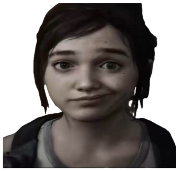 Video-game girl giving a stiff, awkward closed-lip smile straight at the camera sticker