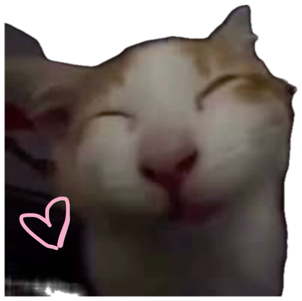 Happy cat with eyes squeezed shut and a big smile framed by pink hearts sticker