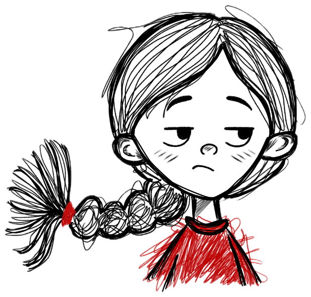 Sketchy doodle of a girl with a braid looking flat and unamused sticker