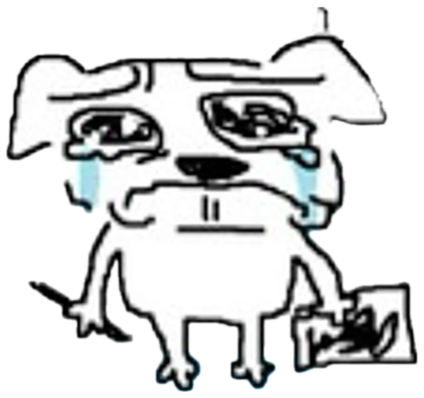 Crudely drawn crying dog holding a picture captioned 'i love drawing' sticker