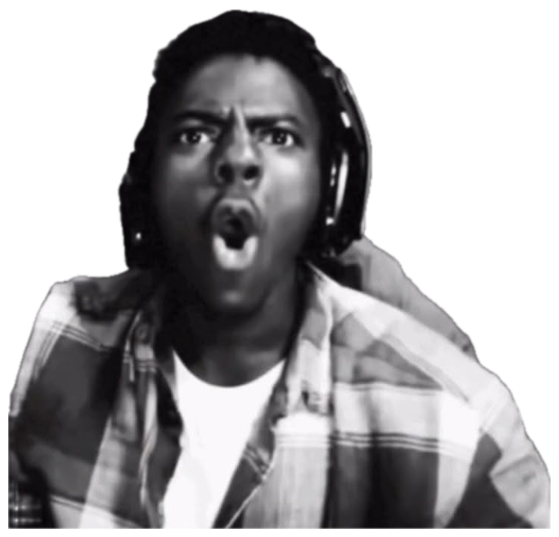 Guy in headphones at a gaming chair absolutely losing it with an open-mouth scream sticker