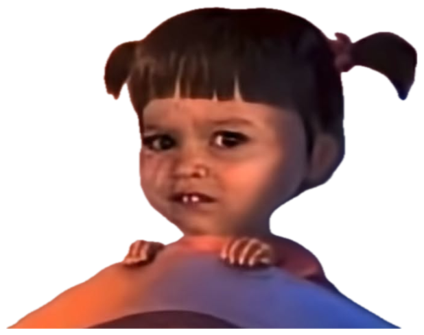 Blurry cursed edit of Boo from Monsters Inc pulling an uneasy grimace sticker