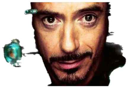 Tony Stark's face lit by holographic displays, staring intently ahead sticker
