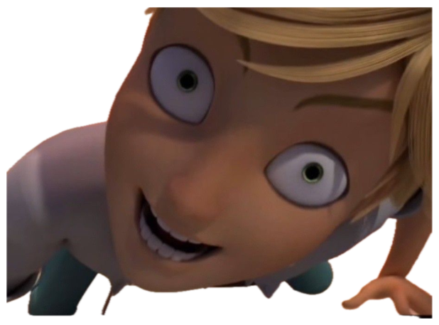 Animated kid character crawling on the floor with mismatched wild eyes and a manic grin sticker