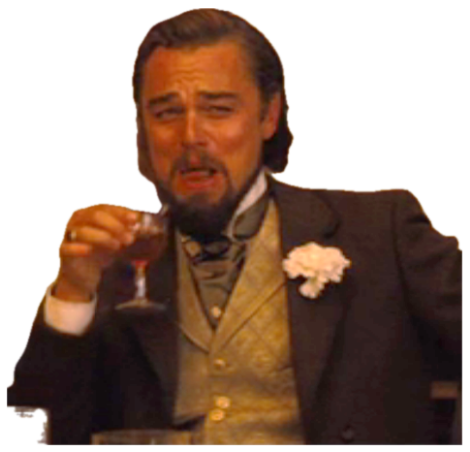Leonardo DiCaprio in Django laughing while holding a drink in the classic mocking-laugh meme sticker