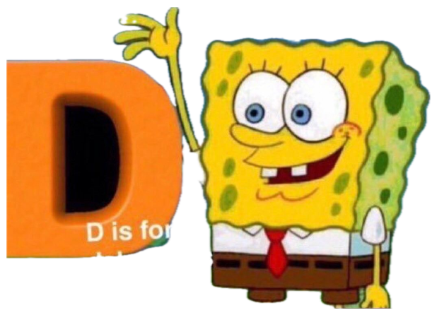 Cheery SpongeBob presenting a giant D, captioned 'D is for delete this now' sticker