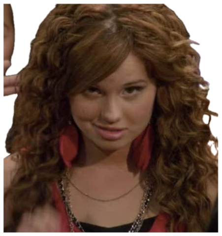 Curly-haired girl in red giving a slow, knowing smirk to the side sticker