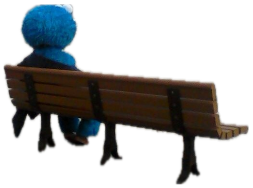 Cookie Monster costume sitting alone on a boardwalk bench staring out at the grey sea sticker