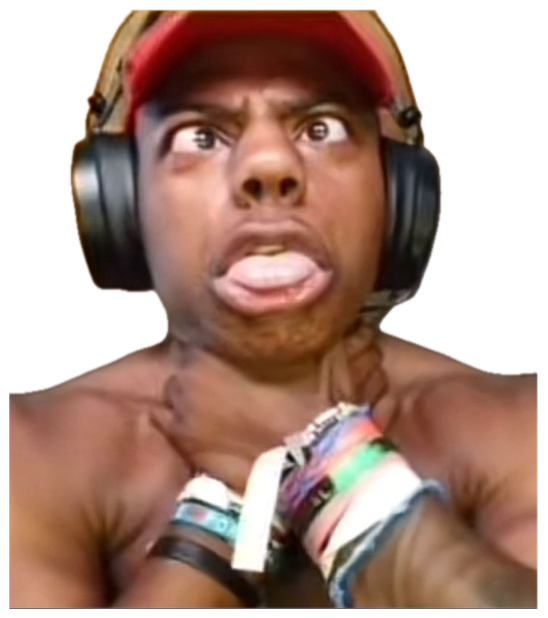 Man in a red cap and headphones with eyes rolled back and tongue out, gripping his neck sticker