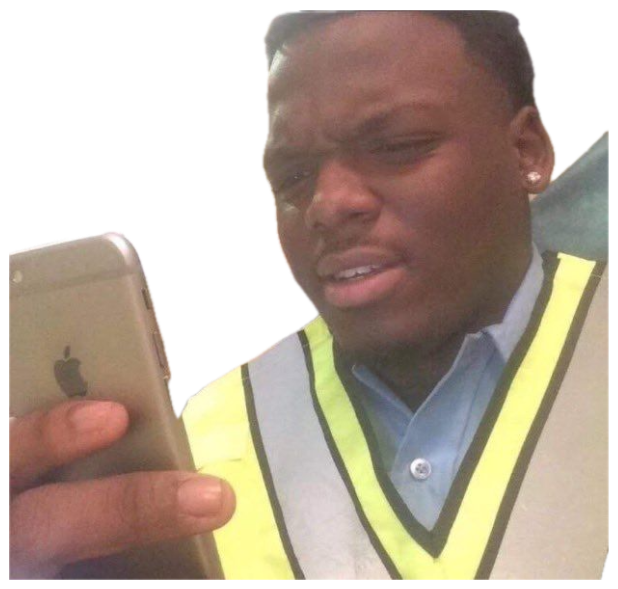 Man in a hi-vis vest squinting at his phone with a disgusted, unimpressed grimace sticker