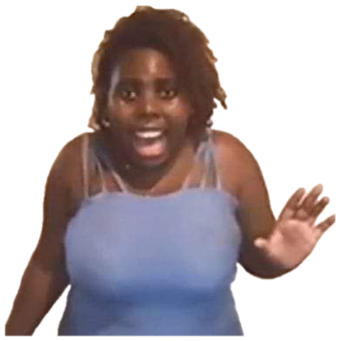 Woman in a blue dress waving with an excited, open-mouthed grin sticker