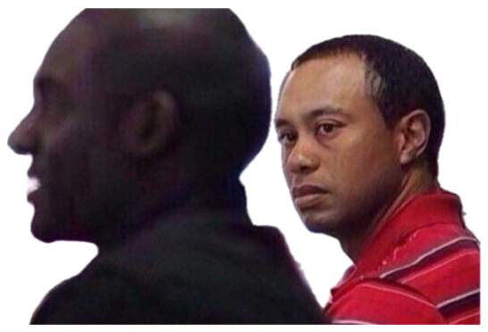 Tiger Woods cutting a sharp side-eye glance in a red polo shirt sticker