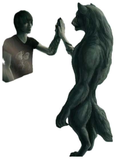 Dark fantasy illustration of a person and a werewolf doing a reluctant high-five through a window sticker