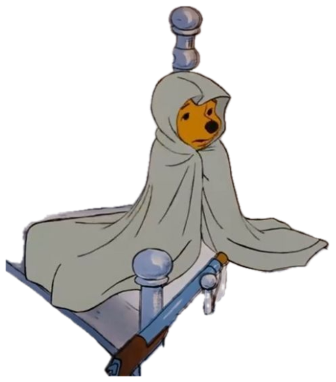 Doge meme face on a cartoon figure sitting on a bed wrapped in a blanket, looking uneasy sticker