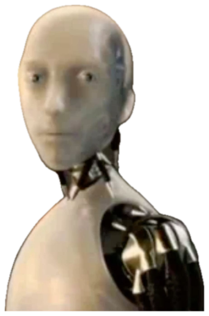 White humanoid robot turning to the camera with a blank, unsettling deadpan stare sticker
