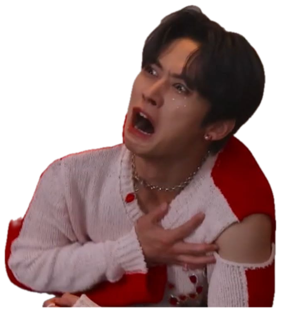 Young man in white-and-red sweater crying and gasping with hand on chest sticker