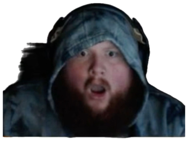 Bearded man in a backwards denim cap gaping wide-eyed at his screen sticker