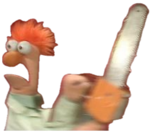 Beaker from The Muppets screaming and holding a chainsaw in a panic sticker