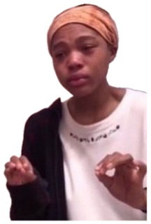Person in a headband and hoodie crying with hands raised and shaking, visibly distressed sticker