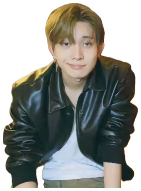 Young man in a black leather jacket giving a small, slightly smug closed-mouth smile sticker