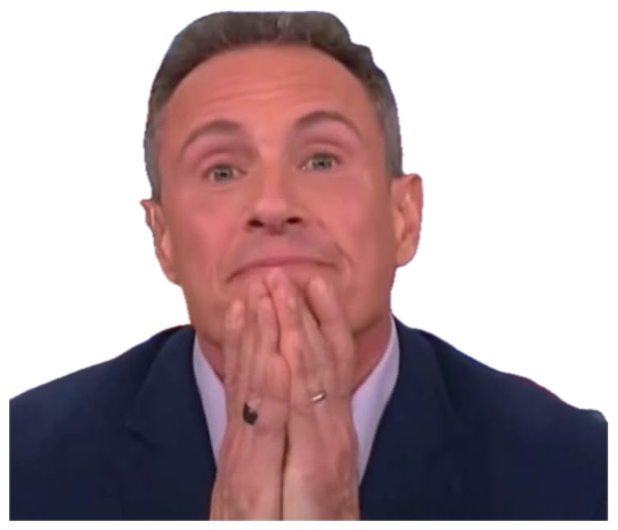 Man on a TV news set pressing his hands to his chin with a tense, contemplative expression sticker