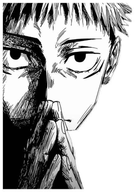 Black-and-white manga close-up of a boy with hands clasped, staring dead ahead sticker