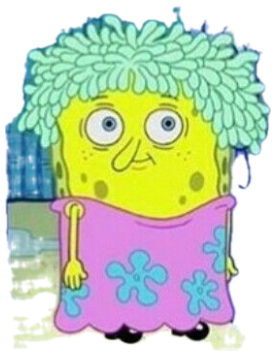 SpongeBob in a mop wig and pink dress standing in the doorway looking rough sticker