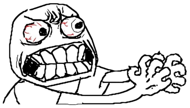 Crudely drawn rage-face with bloodshot eyes and a clenched fist, absolutely furious sticker