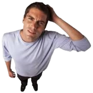 Man looking up at the camera scratching his head with a puzzled frown sticker