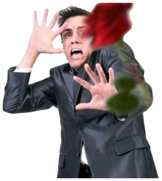 Man in a leather blazer recoiling in horror with hands up as a rose flies at him sticker