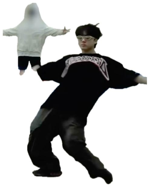 Guy in swim goggles and a baggy black tee busting a dramatic dance move sticker