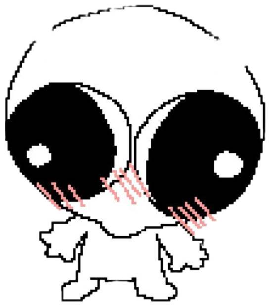 Tiny pixel art alien creature with huge black eyes and heavy pink blush marks sticker