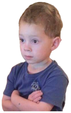Toddler in a blue t-shirt standing with arms crossed and the most unimpressed toddler glare sticker