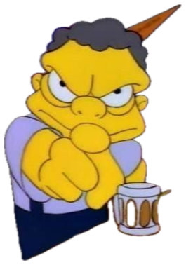 Moe from The Simpsons scowling intensely at a bar with a beer mug, arms crossed sticker