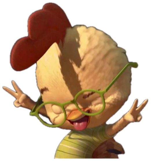 Chicken Little throwing double peace signs mid-celebration sticker