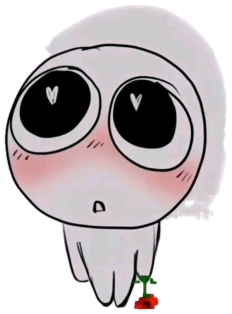 Blushing cartoon blob with heart-filled eyes holding out a tiny red rose sticker