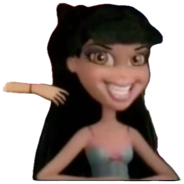 Black-haired Bratz doll grinning wide with a scheming, over-eager look sticker