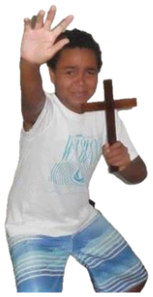 Kid holding a wooden cross and waving with a big grin, pure chaotic energy sticker