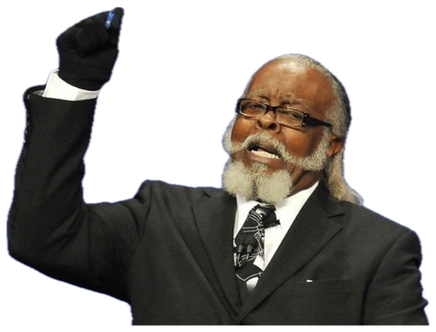 Older man in a suit and glove pointing intensely at something off-camera with full conviction sticker