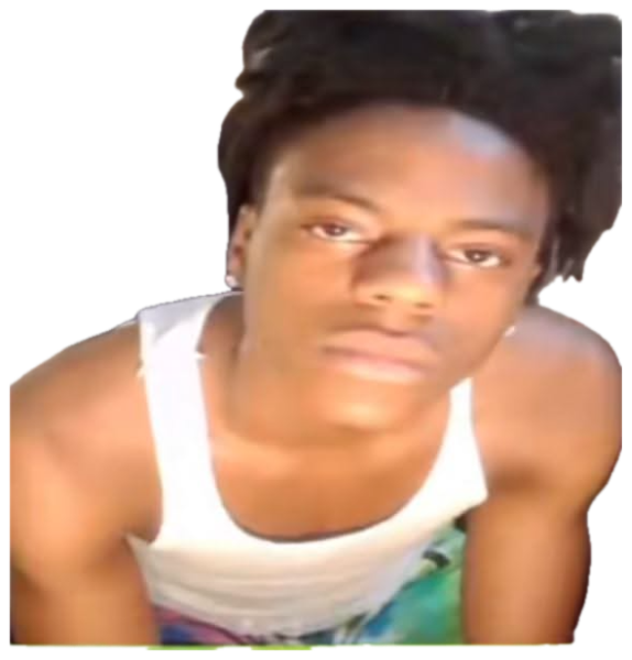 Young man in a white tank top leaning toward the camera with a flat, deadpan face sticker