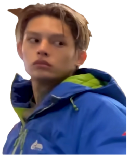 Young guy in a blue puffer jacket throwing a suspicious side-eye off camera sticker