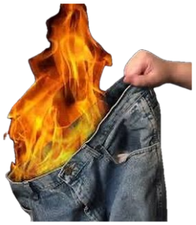 A hand holding up a pair of jeans that are literally on fire against a black background sticker