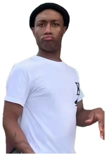 Guy in a beanie and white tee posing outside a storefront with a cool, unbothered pout sticker