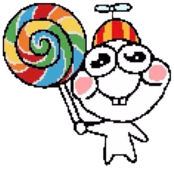 Pixelated cartoon critter in a propeller beanie proudly hauling a giant lollipop sticker