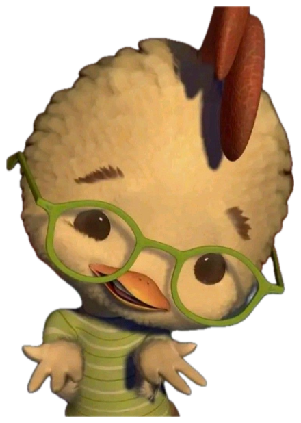 Chicken Little in green glasses shrugging with a nervous little grin sticker
