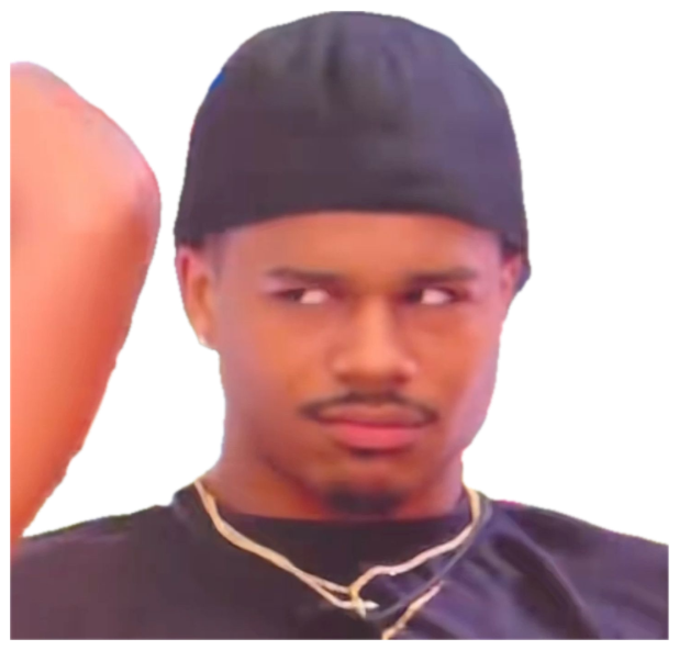 A young man in a durag cutting a suspicious, judgmental side-eye off camera sticker