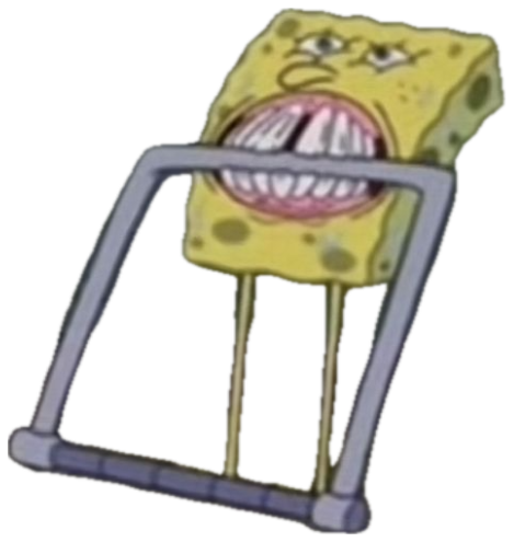 SpongeBob's face stretched grotesquely showing huge teeth in a cage frame, pure rage sticker