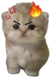 Tiny kitten with drawn-on angry brows and a fire emoji on its head sits next to a knife sticker