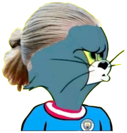 Tom the cat edited with blonde hair and a Man City kit, giving an annoyed side glance sticker